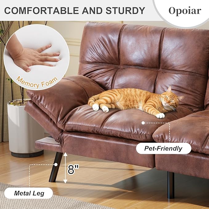 Opoiar Leather Brown Futon Sofa Bed Convertible Memory Foam Couch Bed Futon Sets Folding Modern Sleeper Sofa Loveseat for Studio,Drom,Apartment,Game Room and Small Space