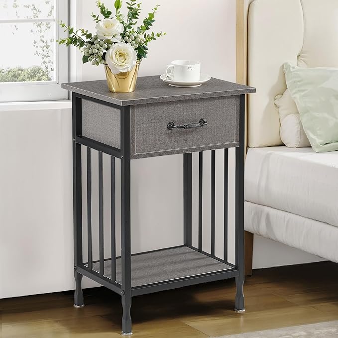 VECELO Night Stand Set 2 with Drawer and Storage Shelf,15.7x11.8x23.6 inches Bedside Table End Table,Wood Nightstands for Bedroom, Living Room,Sofa,Hemp Gray,2 Sets