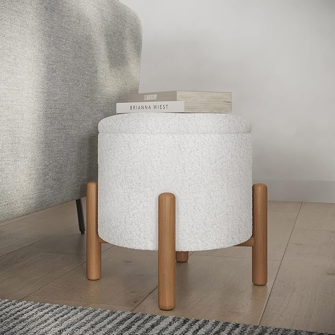 Round Sherpa Storage Ottoman Pouf with Removable Lid – Plush Couch Footrest & Hidden Organizer for Small Spaces, Dorm or Living Room by Lavish Home (White)