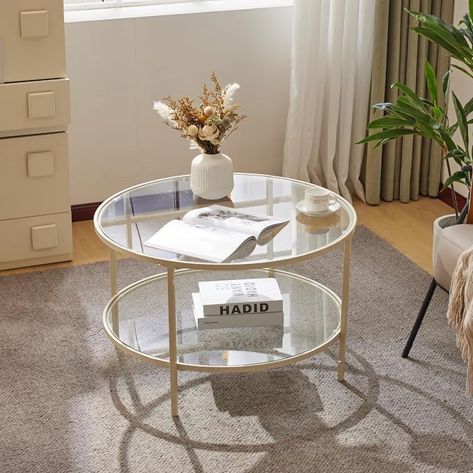 VINGLI Glass Coffee Table, 30" Round Coffee Table, Transparent Glass Coffee Tables for Living Room, 2-Tier Coffee Table with Storage, Modern Center Table with a Beige Frame, Mesa de Centro para Sala