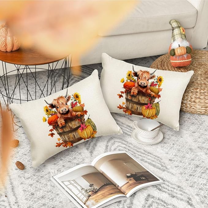 RABUSOFA Fall Decor Pillow Covers 12x20 Inch Lumbar Highland Cow Autumn Fall Decorations for Home Outdoor Thanksgiving Sunflower Decor Decorative Throw Pillow Cases for Couch