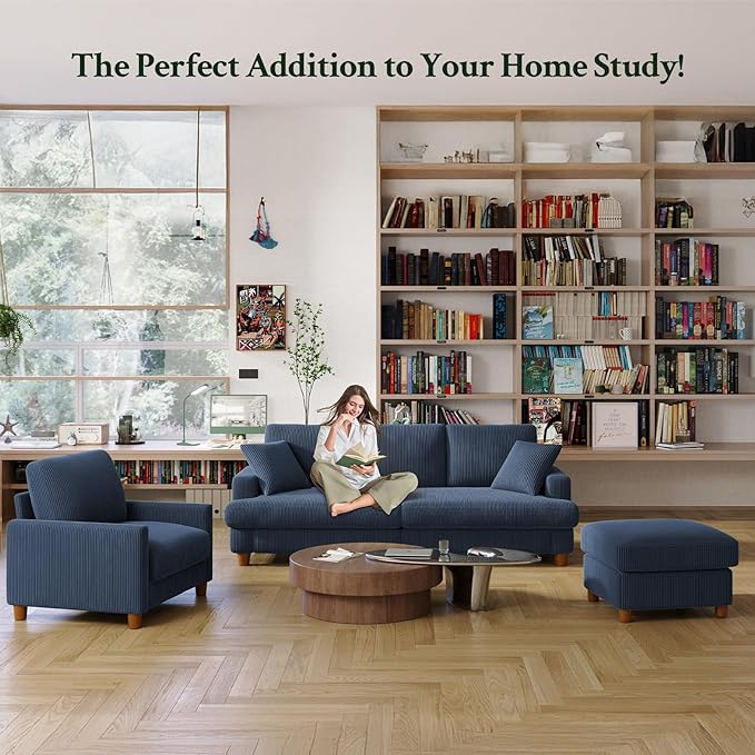 Welzona 87.2" Couches for Living Room, Comfy Sofa Set Tool-Free Setup, Corduroy Couch Set 7.5" Thicker Cushion, Accent Chair with Ottoman 848lbs Support, Sofas for Living Room Home Office, Blue
