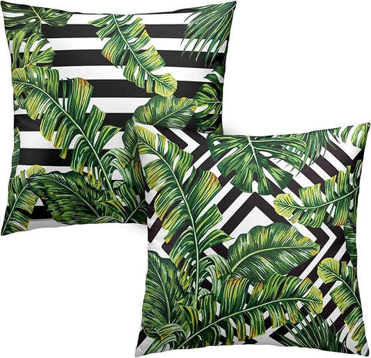 Tropical Green Banana Leaf Throw Pillow Covers Black and White with Stripe Pillowcase Square Decorative Cushion Cases Cotton Blend Outdoor Decor 20x20 in 2 Pcs for Beach Sofa Bed