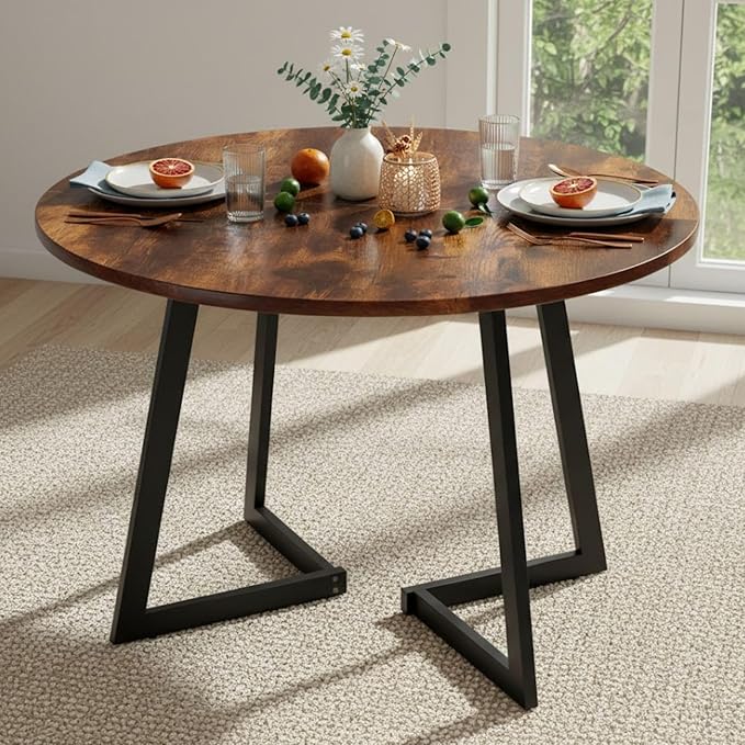 Karl home 35.4in Small Dining Table, Round Dining Table with Wood Finish Wing-Shaped Steel Legs, Circle Dinner Tables for Small Space, Apartment, Office, Kitchen, for 2 to 4 Person-Rustic Brown