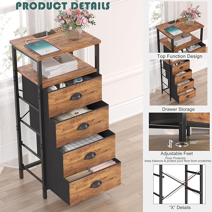 Nightstand with Charging Station,LED Nightstand with 4 Fabric Drawers, Bedside End Tables, 2-Tier Open Storage Shelf Side Table Nightstand with Drawers for Bedroom,Rustic Brown
