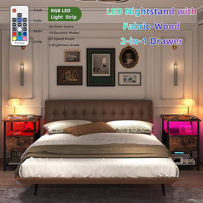 LED Nightstands Set of 2 with Charging Station, Bedside Tables with USB Ports and Outlets, End Table with Fabric-Wood 2-in-1 Drawer for Small Spaces, Vintage Side Table for Bedroom,Living Room