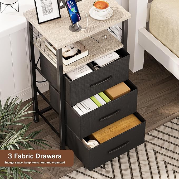 Night Stand Set 2 with Charging Station, End Table Set of 2 with 20 Colors LED Light Strip, 3 Fabric Drawers, Bedside Table with USB Ports and Outlets for Bedroom (Grey)