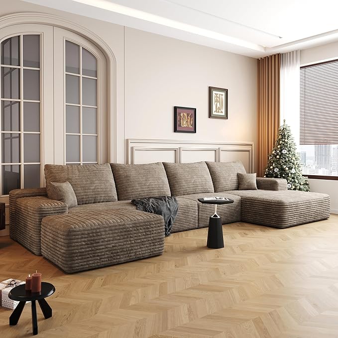 135" U Shaped Boneless Couch with Ottoman, Convertible Sleeper Compression Sofa, Corduroy Couch Sectional for Living Room Bedroom, Deep Seat Foam Cloud Sofas No Assembly, Right Facing Chaise, Camel
