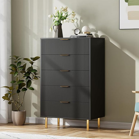 IDEALHOUSE Black Dresser, Modern 5 Drawer Dresser for Bedroom with Gold Handle and Large Drawer, Wood Double Chest of Drawers and Storage Organizer for Living Room, Hallway, Entryway