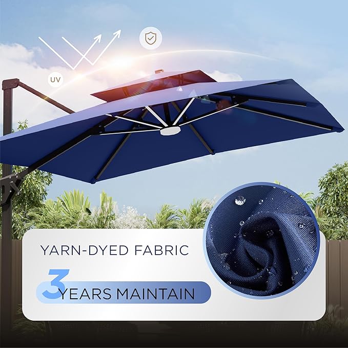 10' X 13' Patio Umbrella with LED Lights Outdoor Cantilever Large Rectangle Offset Umbrellas Heavy Duty Aluminum Double Top with 360-degree Rotation for Pool Garden Deck, Navy