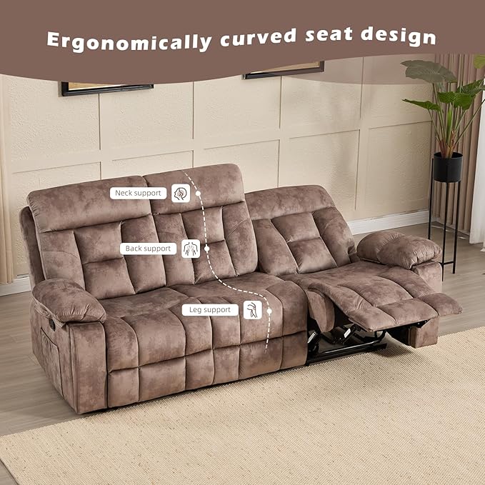 CANMOV 3 Seat Manual Recliner Sofa, Modern Reclining Sofa with Overstuffed Armrest, Hidden Cup Holders, for Living Room, Camel-Brown