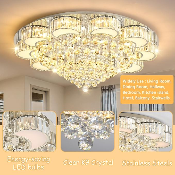 39.4'' Silver Modern Crystal Chandeliers for Dining Room LED Dimmable Light Fixtures Flush Mount Light Living Room Bedrooms