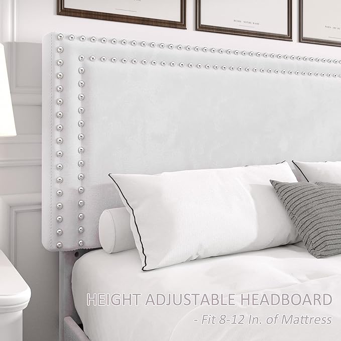 VECELO Queen Bed Frame with Adjustable Upholstered Headboard, Wooden Slats Platform, Noise-Free Design, Easy Assembly