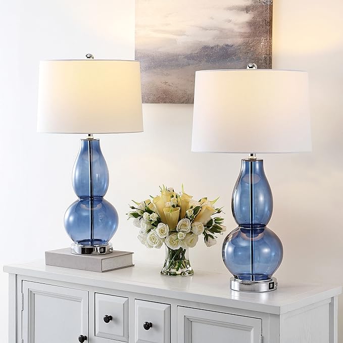 SAFAVIEH Lighting Collection Mercurio Blue Glass Double Gourd 28-inch Table Lamp Set of 2 with USB Charging Port (LED Bulbs Included)