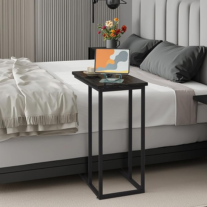 VECELO C Shaped End Side Table for Sofa Couch and Bed Snack TV Tray for Living Room Bedroom, 2 PCS, Black Marble