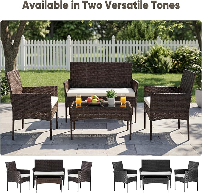 DUMOS 4 Piece Patio Furniture Set, All-Weather Outdoor Wicker Conversation Set with Removable Cushions & Tempered Glass Coffee Table, for Porch, Balcony, Lawn, Backyard, Brown