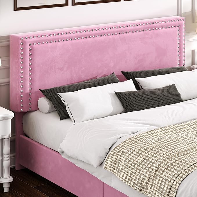 VECELO Full Size Upholstered Platform Bed Frame with 4 Storage Drawers, Adjustable Velvet Rivet Decor Headboard, Wooden Slats Support, No Box Spring Needed, Easy Assembly