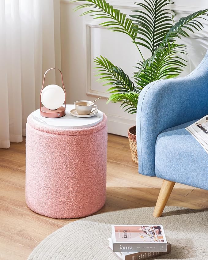 IBUYKE Storage Ottoman Set of 2 Round Ottoman Fleece Vanity Stool with Storage Velvet Footrest Stool End Table Boucle Ottoman for Home Organization Pink UWBD015P