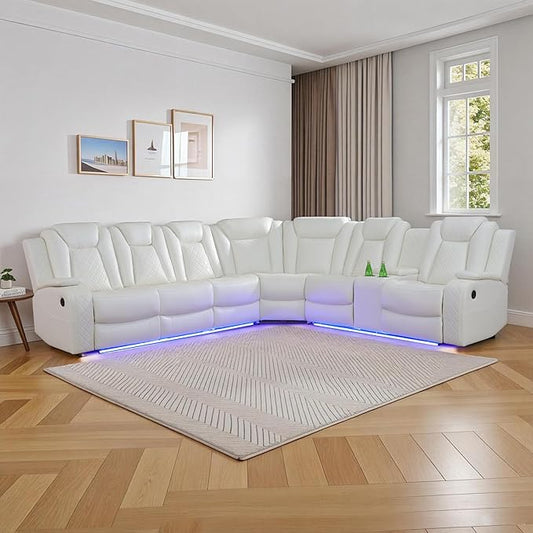 Power Recliner Sectional Sofa Set for Living Room, Leather Recliner Sofa Sets, L-Shaped Corner Sectional Couch Sets with LED Lights, Console Storage(Sectional,Cream)