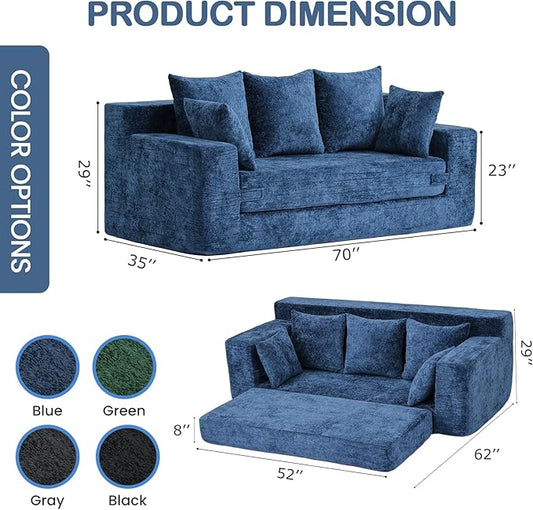 Boneless Couches 70", 3 Seater Boneless Couch with Pull Out Sofa Bed, Boneless Couch with 5 Pillows, Plush Velvet Sofa for Living Room & Bedroom, Blue