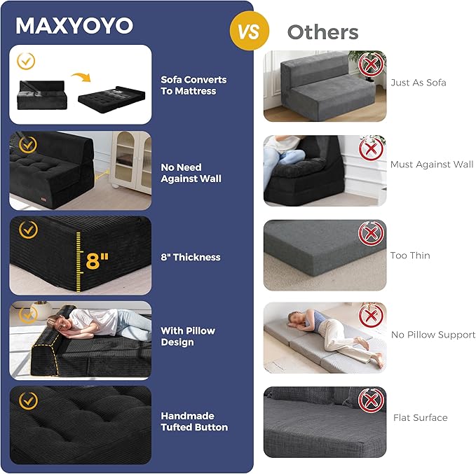 MAXYOYO 8" Folding Sofa Bed, Convertible Sleeper Sofa Lounger Foldable Mattress, Wedge Shape Floor Couch Tufted Fold Out Chair Bed Comfy Floor Couch Lounge for Living Room Bedroom, Loveseat, Black