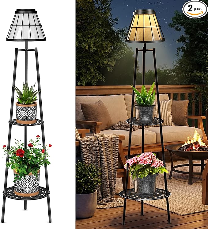 MXwcy 2 Pack Solar Lights Outdoor with Plant Stands, Solar Floor Lamp Metal Tripod Patio Lights for Garden Yard Pathway Driveway Front/Back Porch Decoration