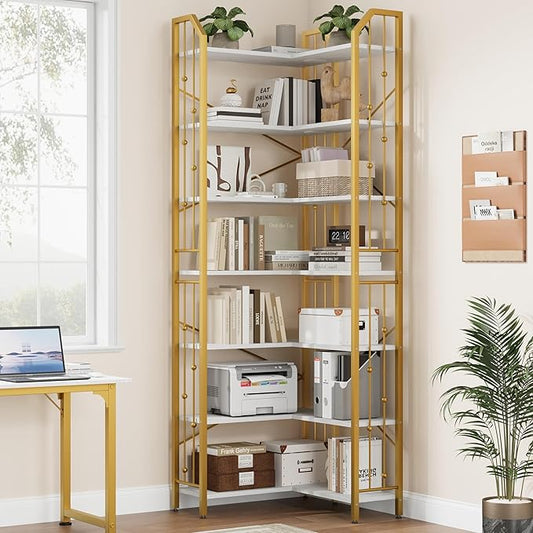 GarveeHome Corner Bookshelf 86" l Shaped Bookcase, Corner Bookshelves Industrial Bookcase 7 Tier l-Shape Bookshelf, Large Bookcases with Beaded Design Tall Display Rack Shelf for Living Room Bedroom