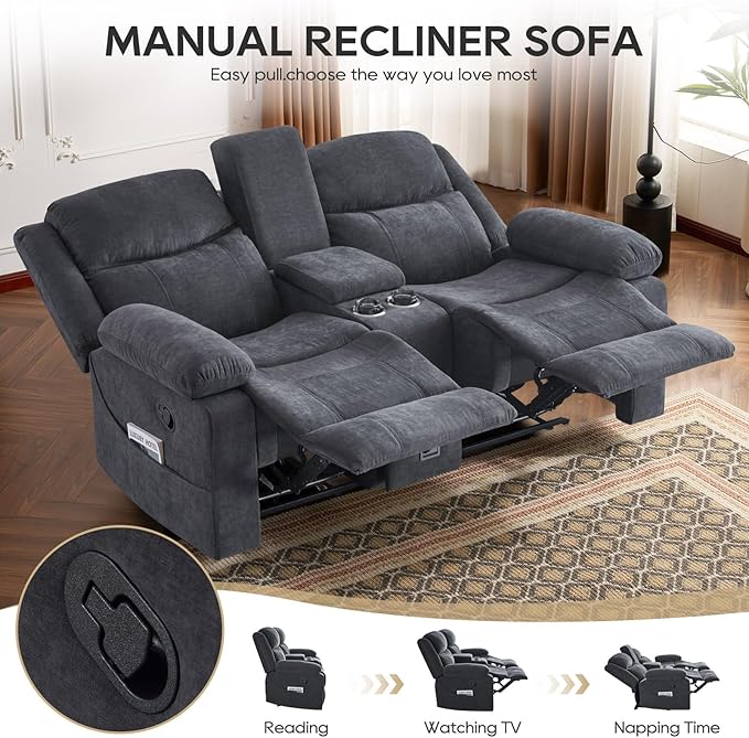 Recliner Sofa, Reclining Loveseat Sofa with Massage & Heat, Reclining Couch with Side Pockets, Extra Storage, Cup Holders for Living Room