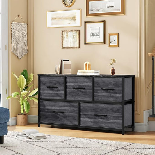 DWVO Dresser with 5 Drawers - Fabric Storage Tower, Organizer Unit for Bedroom, Living Room, Closets - Sturdy Steel Frame, Wooden Top (Black)
