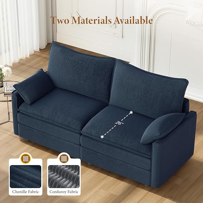 Vesgantti 74" Loveseat Sofa for Living Room, Comfy Cloud Couch Deep Seat Chenille Modern 2 Seater Small Sofa with Armrest Pillow, Easy Assembly for Small Spaces, Blue | Sink-in Comfort, Height Adjustable, Easy Rearrangement, Extra-deep Ottoman, Solid W...