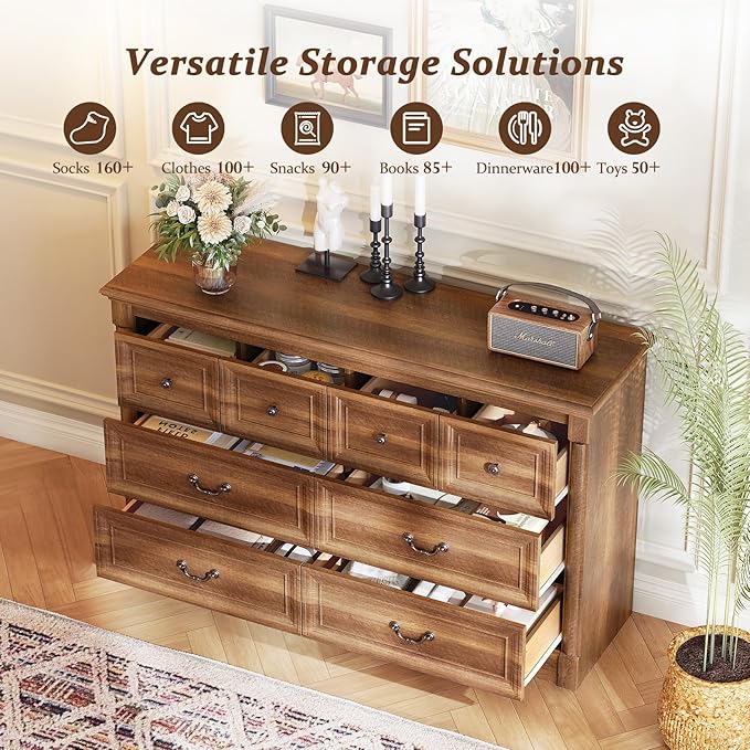 Concho Farmhouse 8 Drawers Dresser for Bedroom, 53'' Wide Wood Chest of Drawers with Spacious Deep Storage Space, Rustic Storage Dressers Organizer, TV Stand for Living Room, Bedroom, Rustic Brown