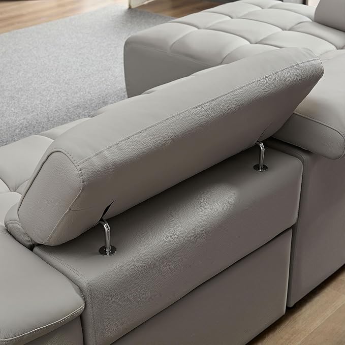 KEIKI 113" L-Shaped Genuine Leather Wall-Hugger Reclining Sofa with Left Chaise, Adjustable Backrest & Footrest, Modern Style Electric Control 3-Seater Couch with USB, for Living Room, Light Grey