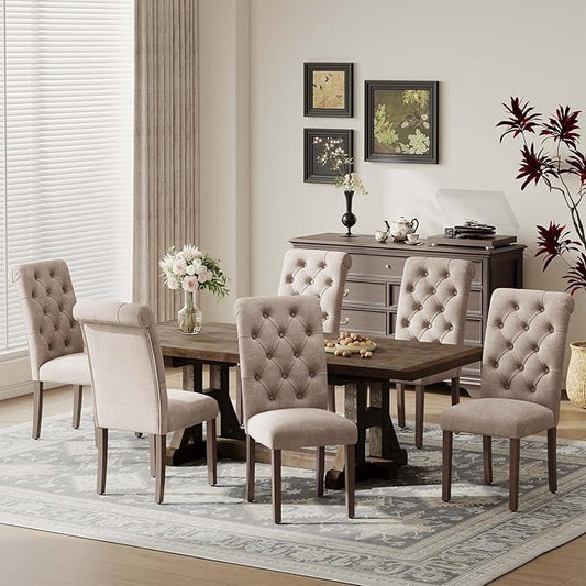 Upholstered Tufted Dining Room Chairs Set of 6, Parsons Kitchen Chairs with Padded Seat and Solid Wood Legs, Fabric Accent Side Diner Chair for Dining Room/Kitchen/Living Room, Camel