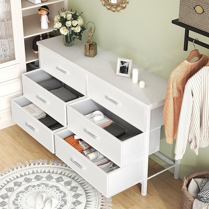 BOLUO Large White Dresser for Bedroom 6 Drawer, Wide Fabric Dressers & Chests of Drawers Modern