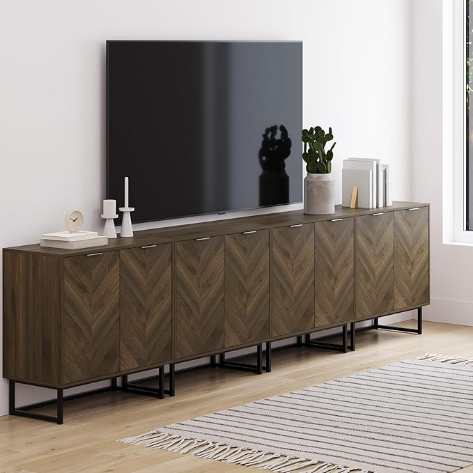 Nathan James Enloe Modern Sideboard Buffet Storage Accent Cabinet TV Stand with Doors in Rustic Walnut Finish and Black Matte Metal Base for Hallway, Kitchen or Living Room, Walnut/Black, Set of 4