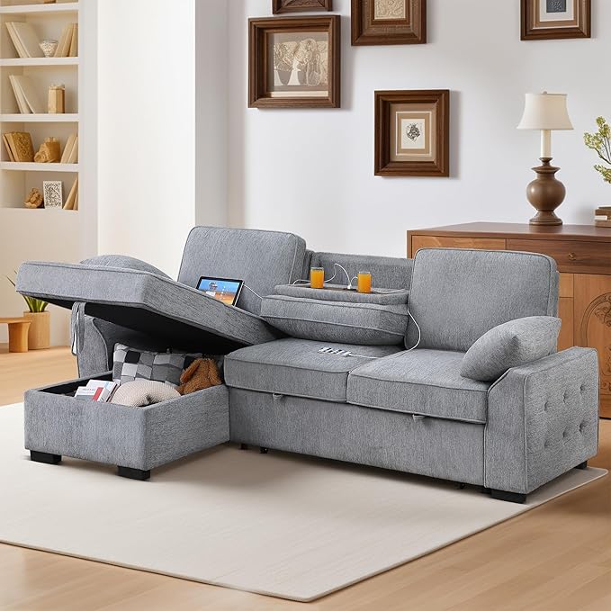 ERYE L-Shaped Pull Out Sleeper Couch Bed, Modern Chenille Upholstered Button Tufted Corner Couch Reversible Sectional Sleeper Sofa Bed W/Storage Chaise, Cup Holders