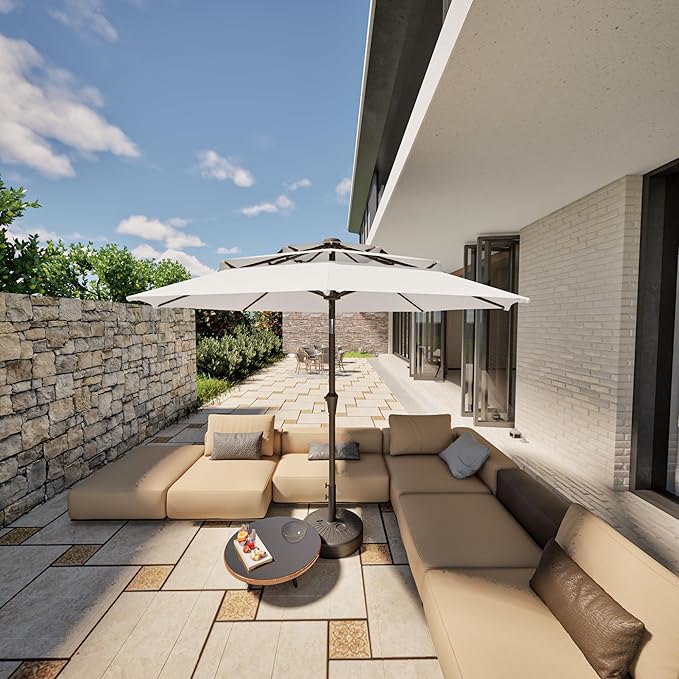 PatioKingdom 9ft 3-Tier Patio Market Umbrella with Crank/Tilt, Commercial Heavy Duty Wind Proof,Outdoor Table Umbrella with 8 Fiberglass Ribs,UPF50+ for Deck,Pool,Garden,Backyard (Creamy-white)