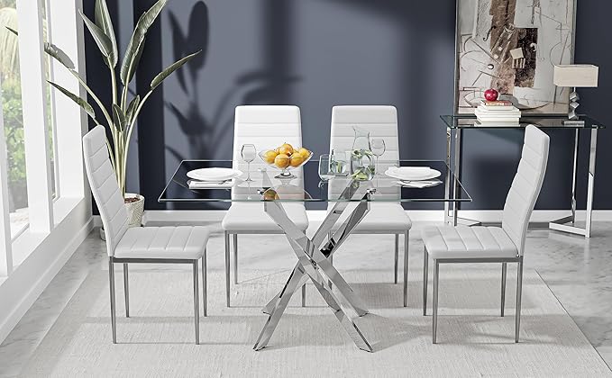 Tempered Glass Dining Table with Chromed Legs, 47in Rectangular Kitchen Table for Kitchen Dining Room Home Office (47.24 * 27.55, White/Silver)