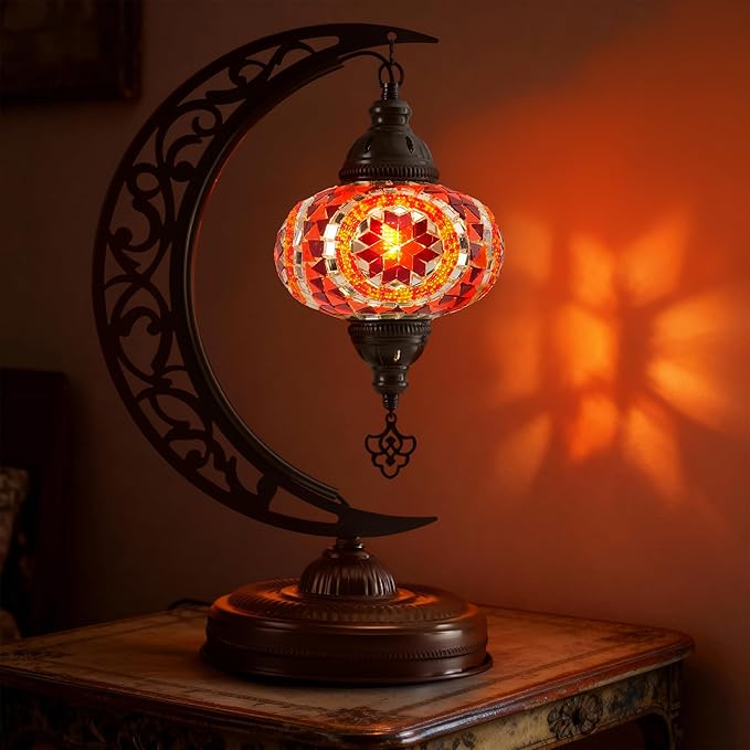 Mozaist Turkish Mosaic Crescent Shape Table Lamp, Moroccan Moon Boho Handmade Desk Light, Farmhouse Rustic Living Room Decorative Lighting, Bedside Nightstand with E12 Socket & US Plug (Orange & Red)