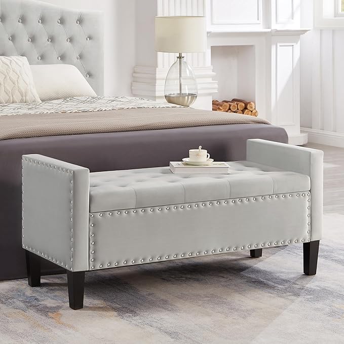 Velvet Storage Ottoman with Armrests, Upholstered Button Tufted Entryway Bench with Nails Trim for Bedroom End of Bed, Living Room,Gray