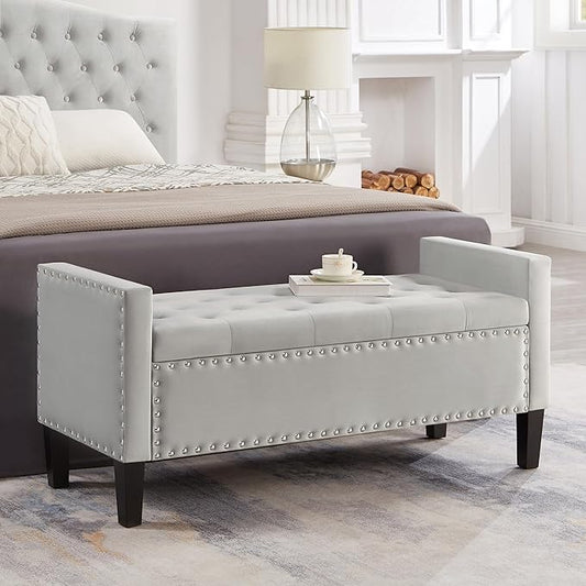 Velvet Storage Ottoman with Armrests, Upholstered Button Tufted Entryway Bench with Nails Trim for Bedroom End of Bed, Living Room,Gray