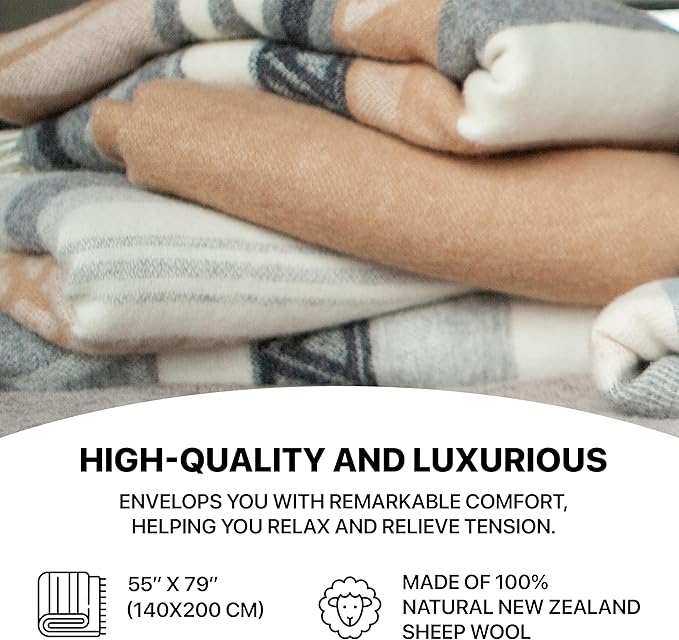 New Zealand Virgin Wool Throw Blanket, Indoor and Outdoor Blankets and Throws, Soft Blanket with Fringes and Pattern