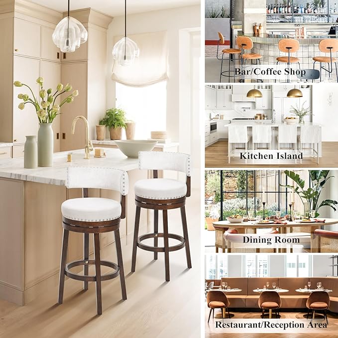 COLAMY Swivel Bar Stool Set of 2, Bar Height Bar Chair, Modern Barstool with Back, Upholstered Wood Barstool for Kitchen Island Dining Room, Beige