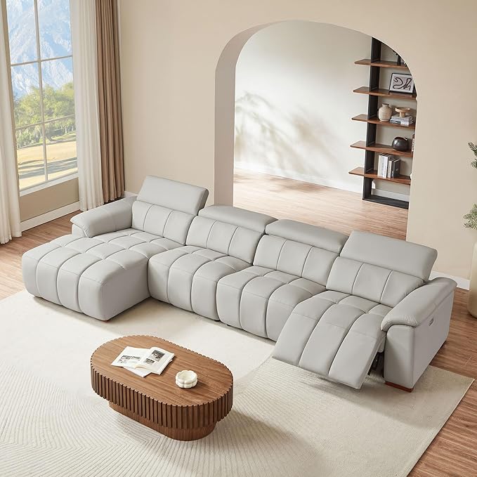 KEIKI 145" L-Shaped Genuine Leather Wall-Hugger Reclining Sofa with Left Chaise, Adjustable Backrest & Footrest, Modern Electric Control 4-Seater Couch with USB, for Living Room, Light Grey