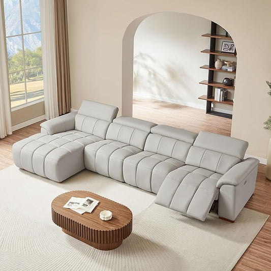 KEIKI 145" L-Shaped Genuine Leather Wall-Hugger Reclining Sofa with Left Chaise, Adjustable Backrest & Footrest, Modern Electric Control 4-Seater Couch with USB, for Living Room, Light Grey