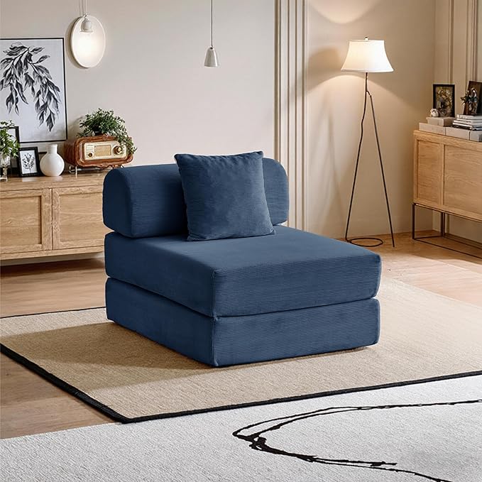 31.5'' Convertible Compressed Corduroy Folding Sofa Bed, Modern Boneless Pull Out Sleeper Sofa Couch in a Box, 3 in 1 Portable Lazy Floor Lounge Chair, No Assembly Needed, Navy Blue, Pillow, Single