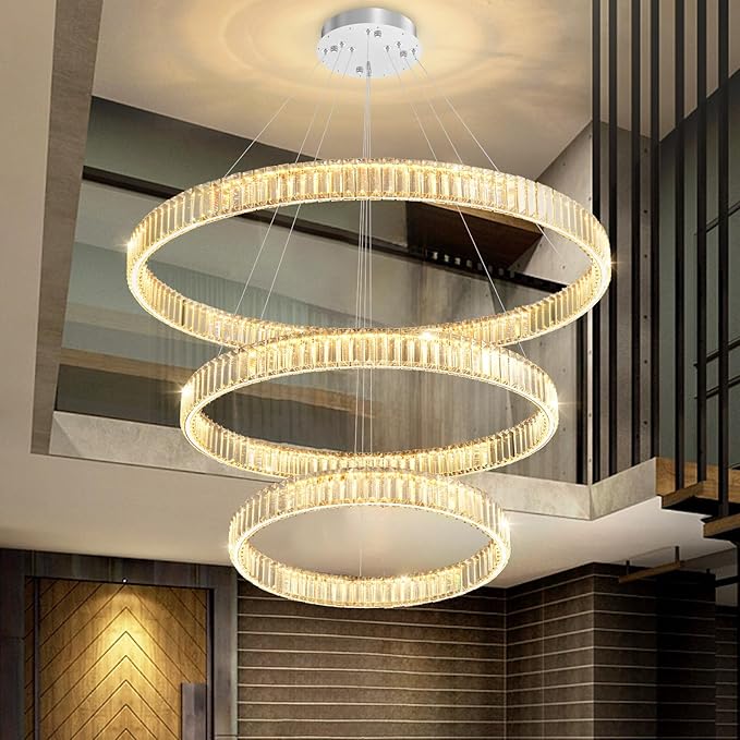 24''+32''+40'' Modern Ring Chandelier Crystal Chandeliers for Dining Room Round LED Dimmable Ceiling Light Fixture for Living Room Bedroom Lighting Silver