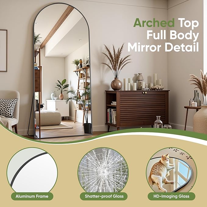Full Length Mirror, 64"x21" Arched Full Body Mirror, Floor Mirrors with Stand, Standing Hanging Leaning Against Wall,Aluminum Frame Mirrors for Bedroom Cloakroom,Living Room,Black