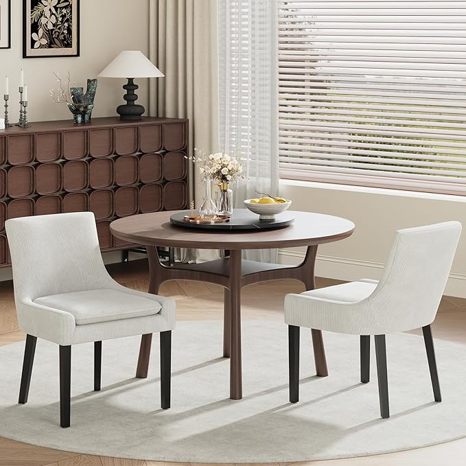 COLAMY Modern Dining Chairs Set of 2, Upholstered Corduroy Accent Side Leisure Chairs with Mid Back and Wood Legs for Living Room/Dining Room-Beige