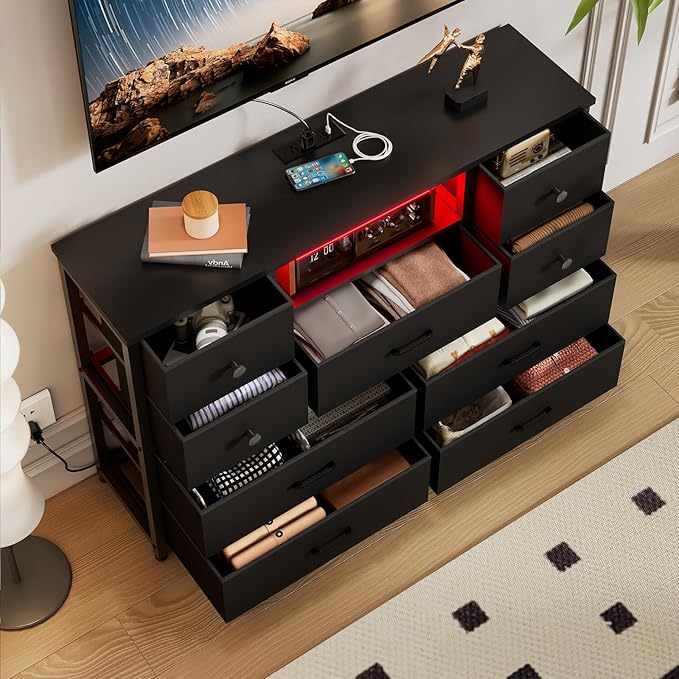 Dresser for Bedroom with 9 Drawers, Black Storage Organizer TV Stand for 55" TV with LED Lights and Sockets, Fabric Chest of Drawers with PU Finish for Kid Room, Entryway, Living Room, Hallway